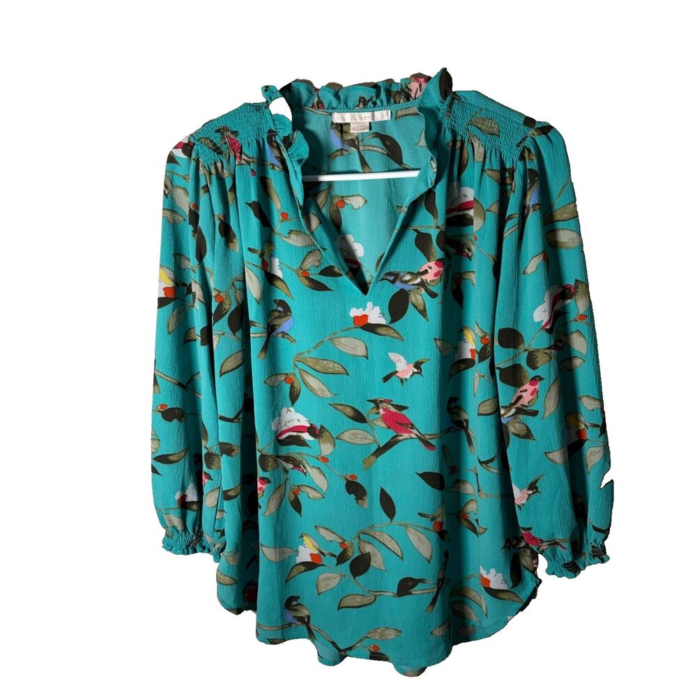 C&E Blouse Women's Small Blue Floral Bird Printed Ruffle 3/4 Sleeve Top Shirt